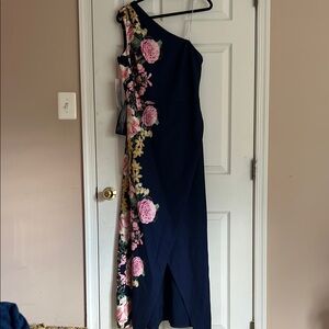 Kay Unger Blue Sheath Dress with Pink Floral Embellishments